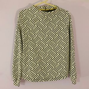 Black and White Stripe Patterned Mock Neck Top